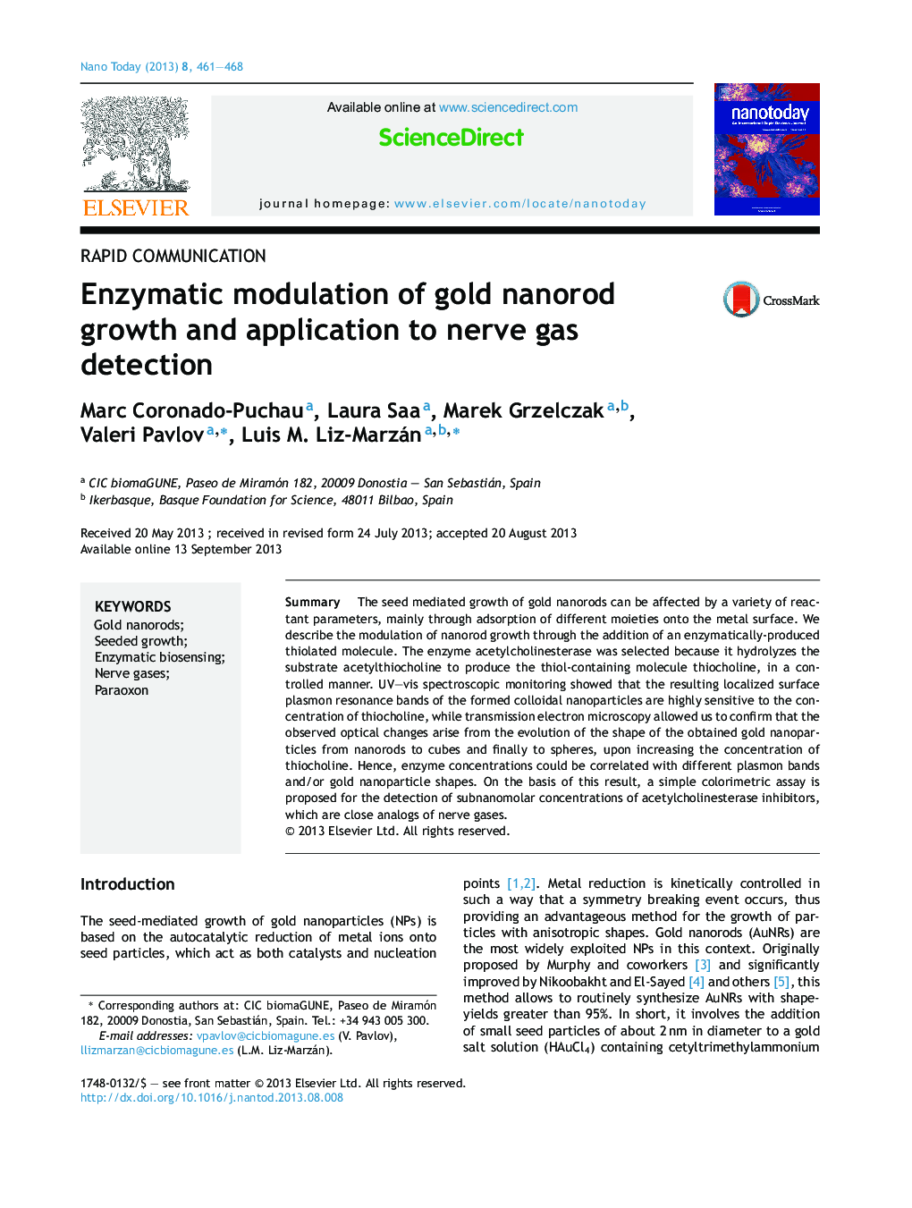 Enzymatic modulation of gold nanorod growth and application to nerve gas detection