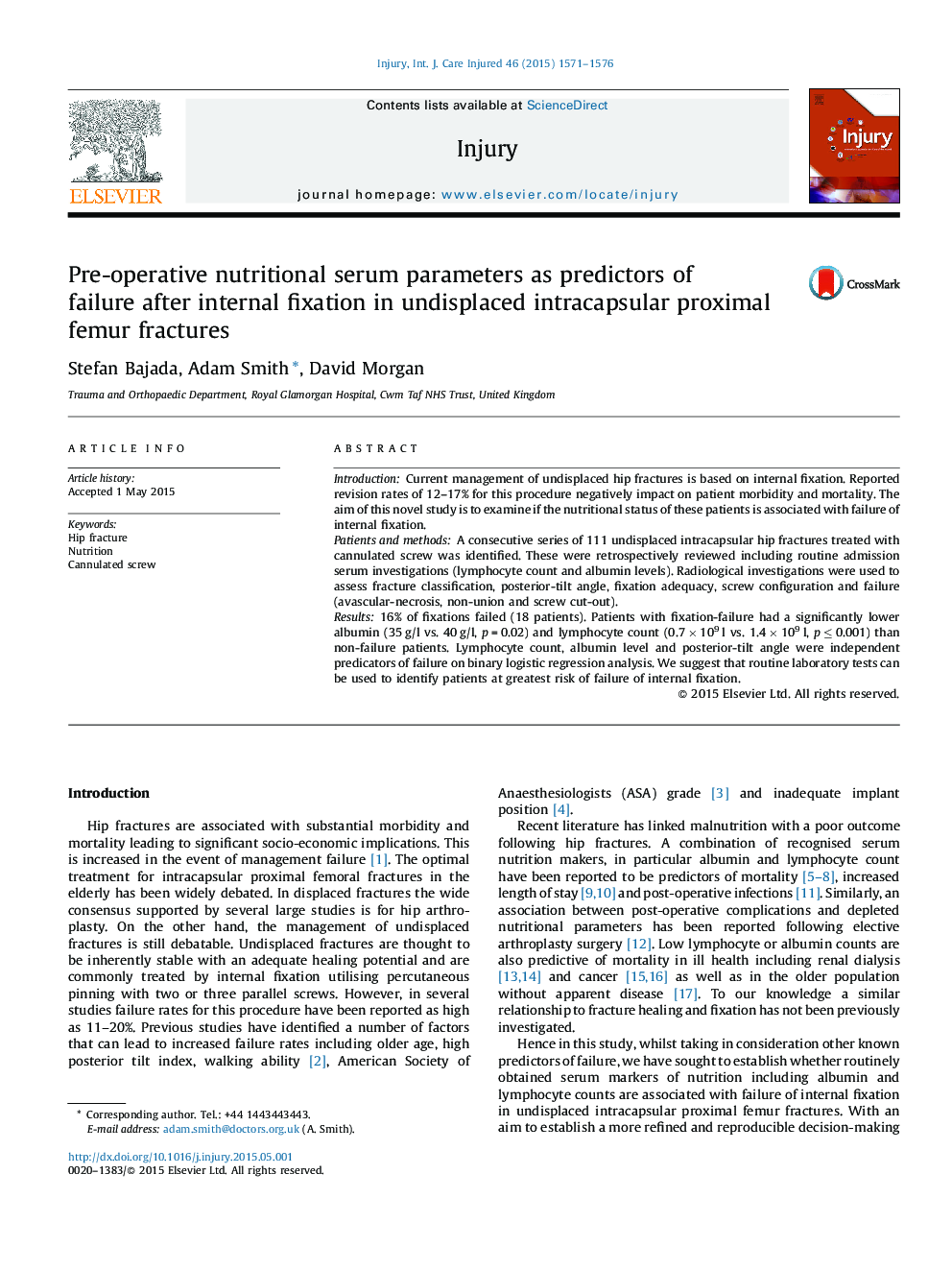 Pre-operative nutritional serum parameters as predictors of failure after internal fixation in undisplaced intracapsular proximal femur fractures