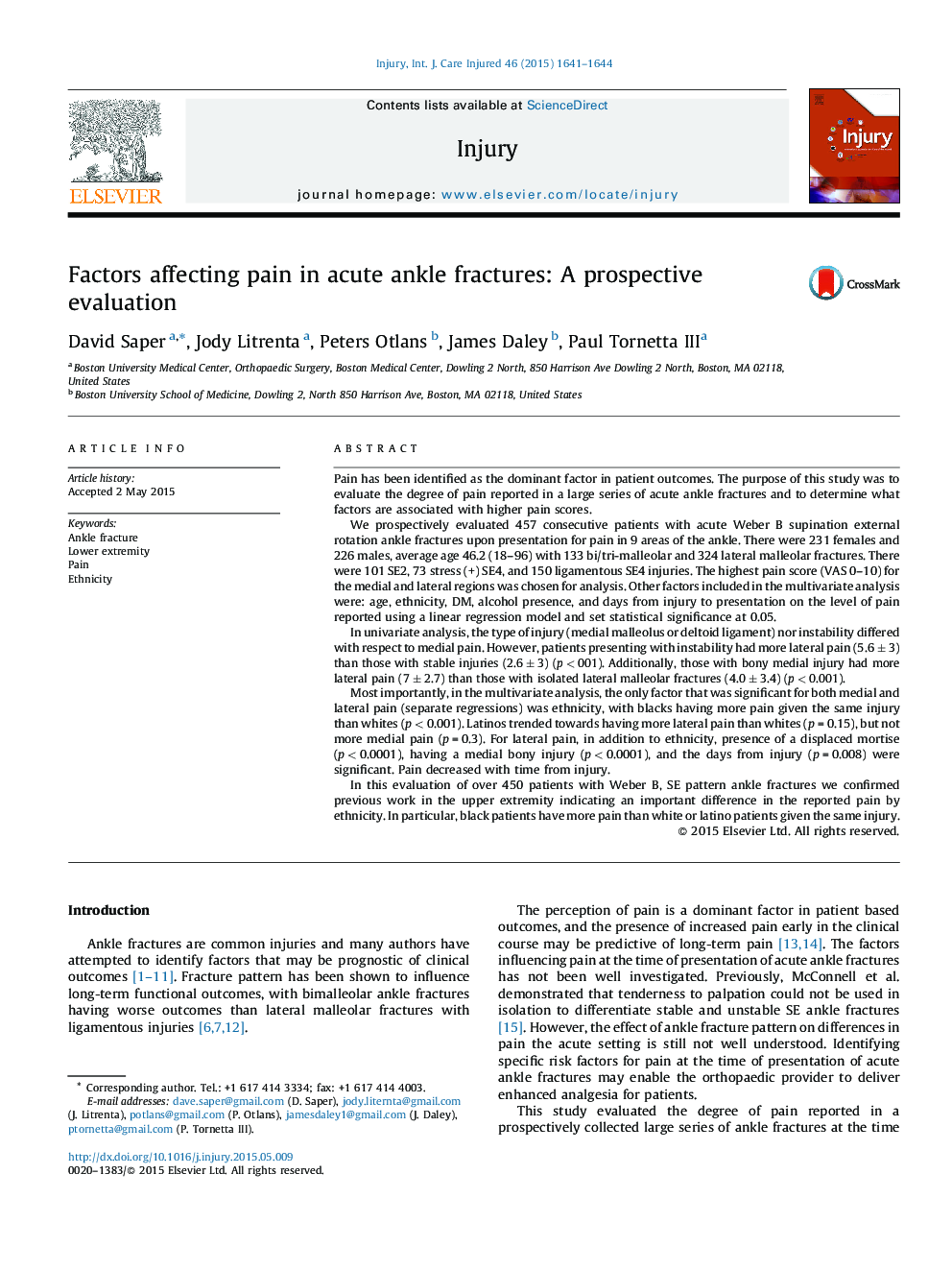 Factors affecting pain in acute ankle fractures: A prospective evaluation