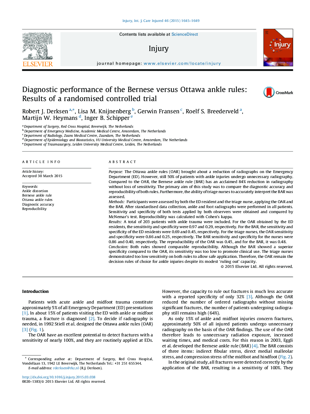 Diagnostic performance of the Bernese versus Ottawa ankle rules: Results of a randomised controlled trial