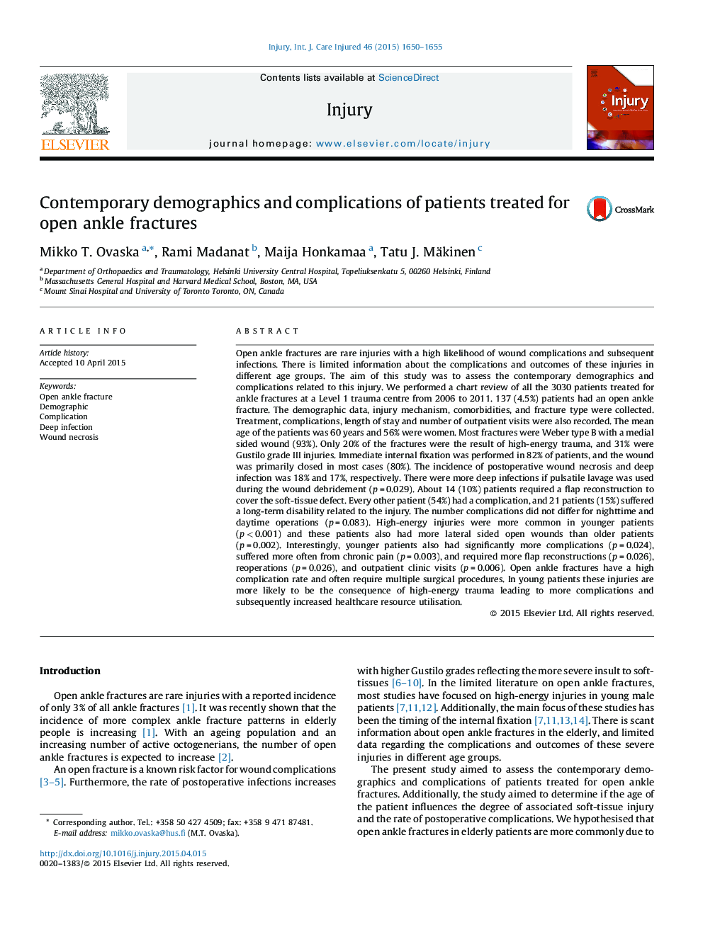 Contemporary demographics and complications of patients treated for open ankle fractures