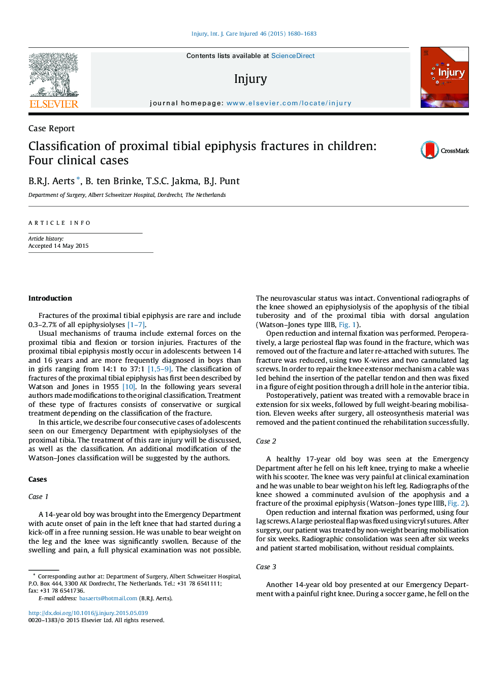 Classification of proximal tibial epiphysis fractures in children: Four clinical cases