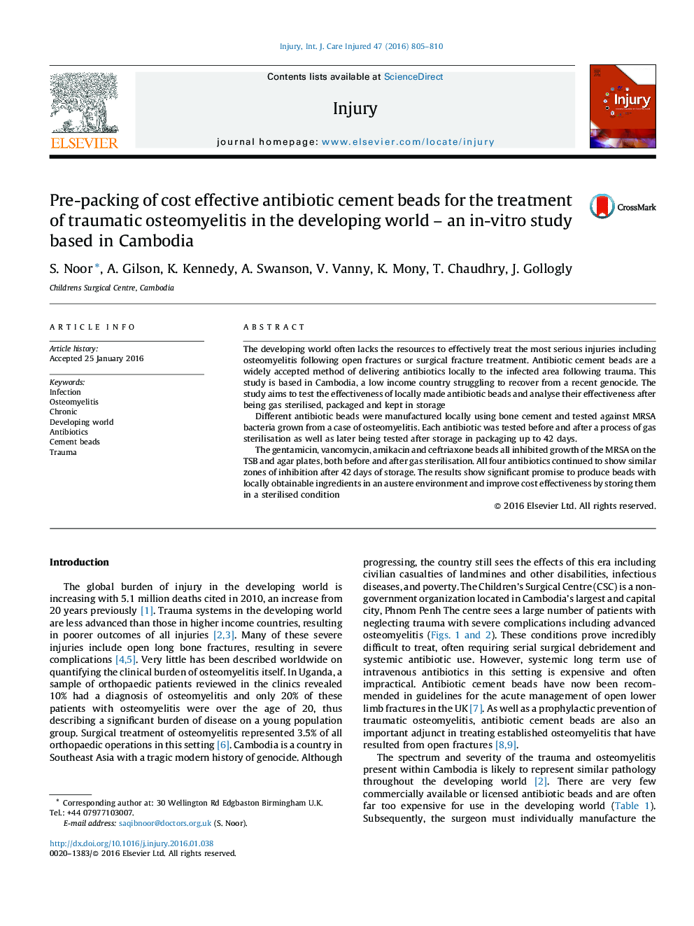 Pre-packing of cost effective antibiotic cement beads for the treatment of traumatic osteomyelitis in the developing world – an in-vitro study based in Cambodia