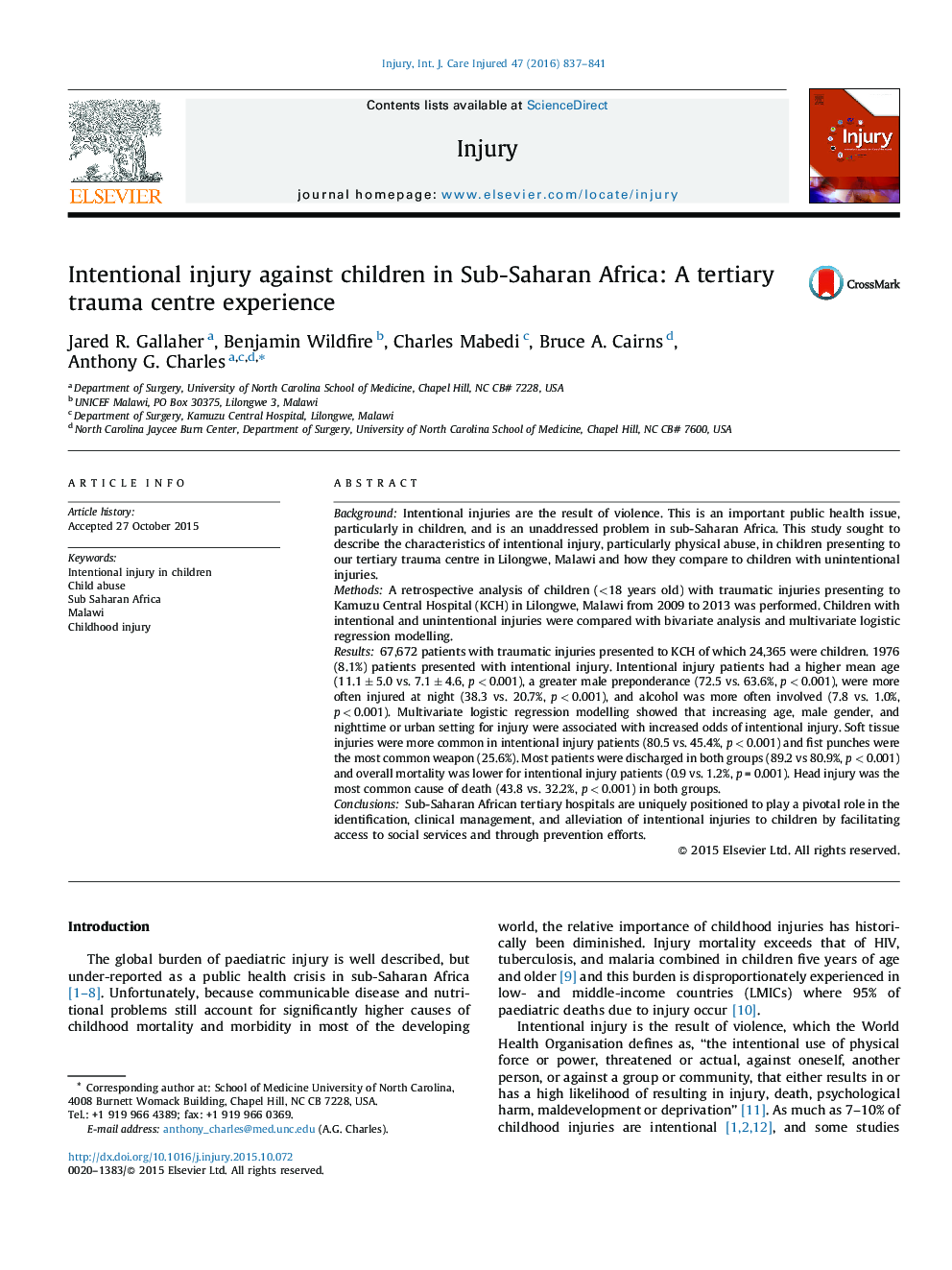 Intentional injury against children in Sub-Saharan Africa: A tertiary trauma centre experience