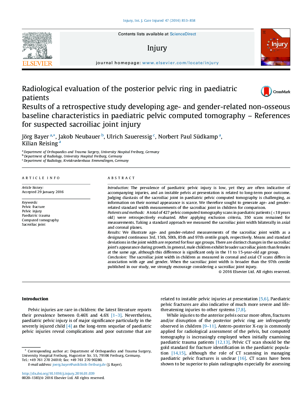 Radiological evaluation of the posterior pelvic ring in paediatric patients: Results of a retrospective study developing age- and gender-related non-osseous baseline characteristics in paediatric pelvic computed tomography – References for suspected sacro