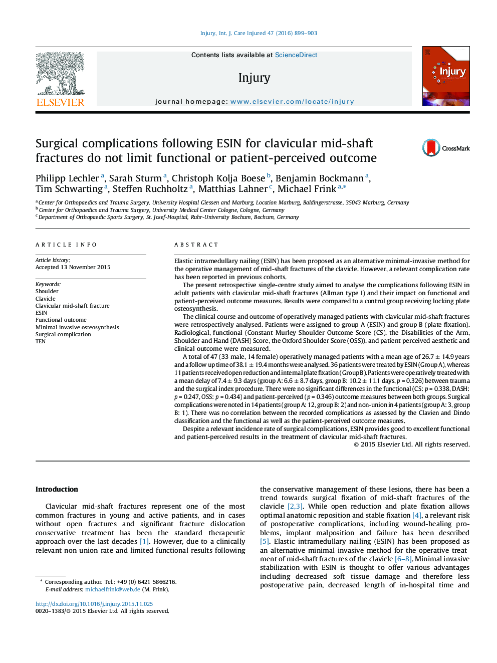 Surgical complications following ESIN for clavicular mid-shaft fractures do not limit functional or patient-perceived outcome