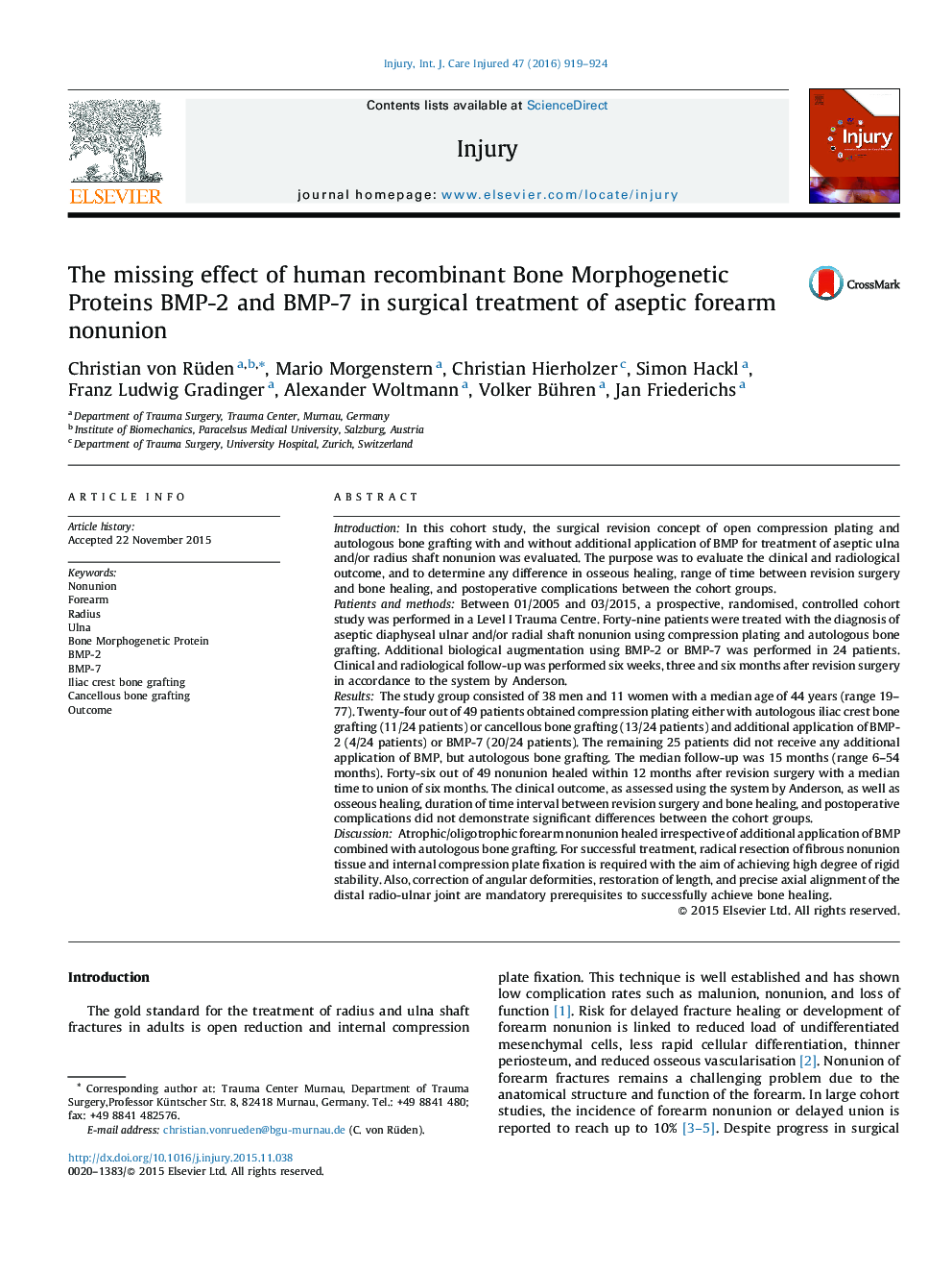 The missing effect of human recombinant Bone Morphogenetic Proteins BMP-2 and BMP-7 in surgical treatment of aseptic forearm nonunion