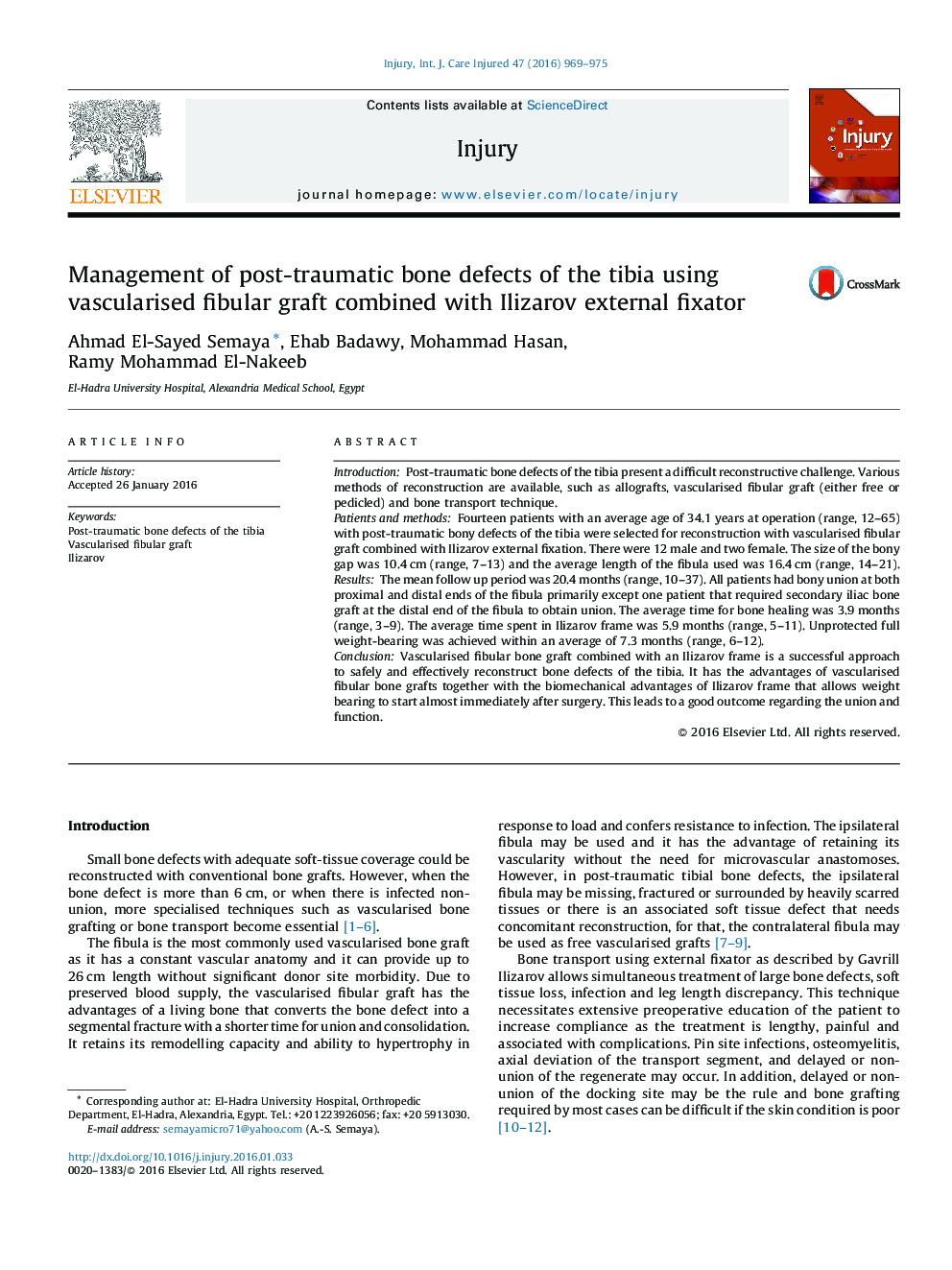 Management of post-traumatic bone defects of the tibia using vascularised fibular graft combined with Ilizarov external fixator