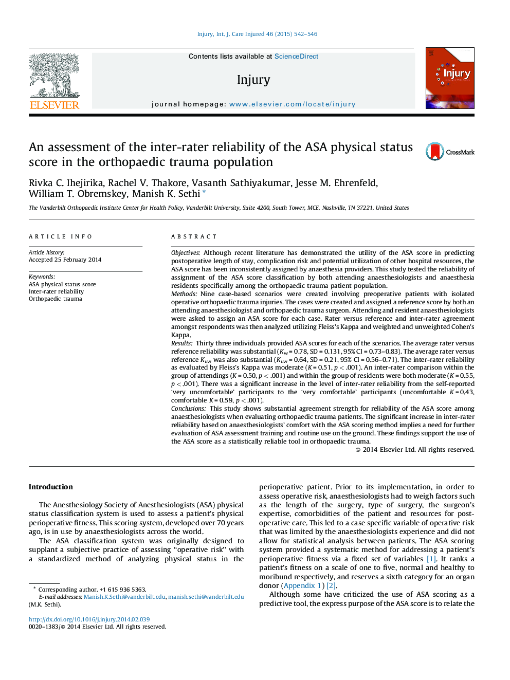 An assessment of the inter-rater reliability of the ASA physical status score in the orthopaedic trauma population