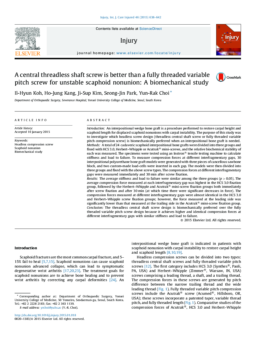 A central threadless shaft screw is better than a fully threaded variable pitch screw for unstable scaphoid nonunion: A biomechanical study