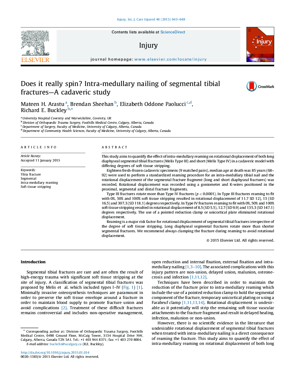 Does it really spin? Intra-medullary nailing of segmental tibial fractures—A cadaveric study