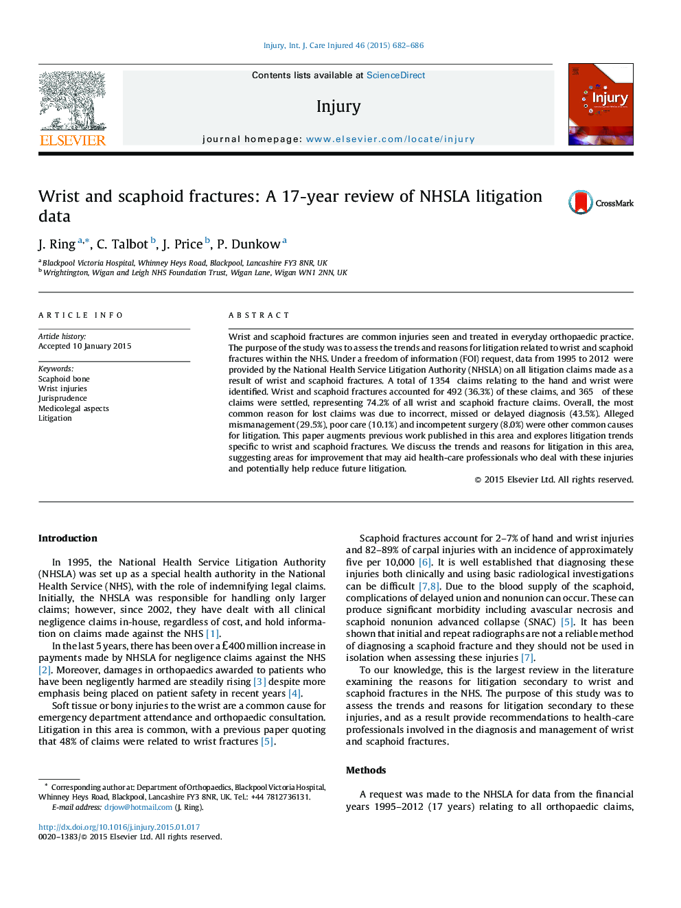 عکس صفحه اول مقاله: Wrist and scaphoid fractures: A 17-year review of NHSLA litigation data Wrist and scaphoid fractures: A 17-year review of NHSLA litigation data