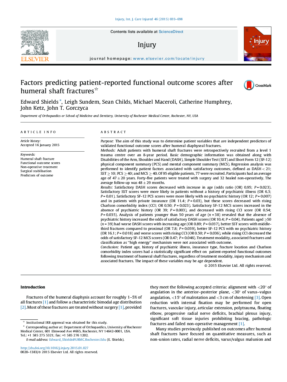 Factors predicting patient-reported functional outcome scores after humeral shaft fractures 