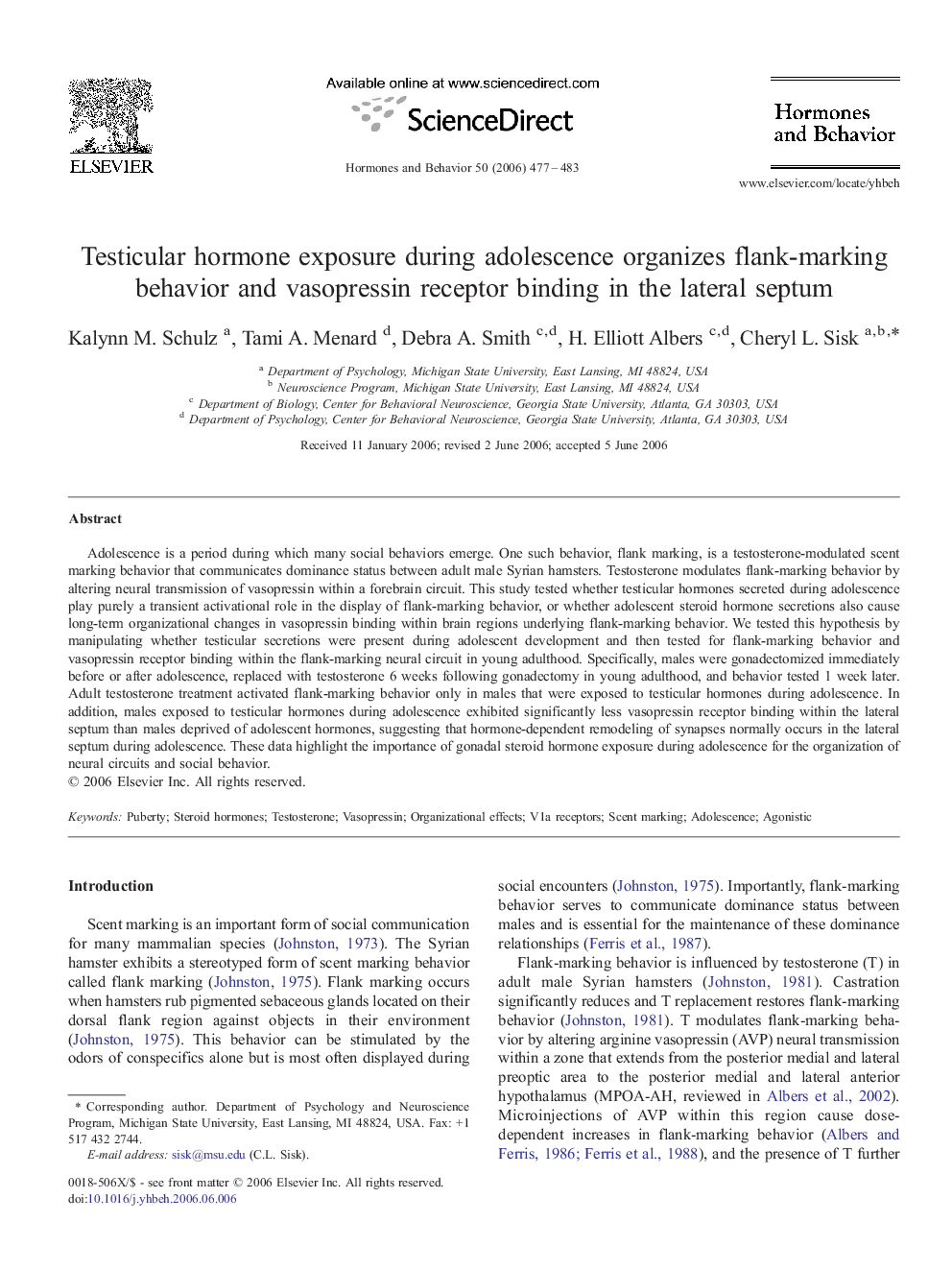 Testicular hormone exposure during adolescence organizes flank-marking behavior and vasopressin receptor binding in the lateral septum