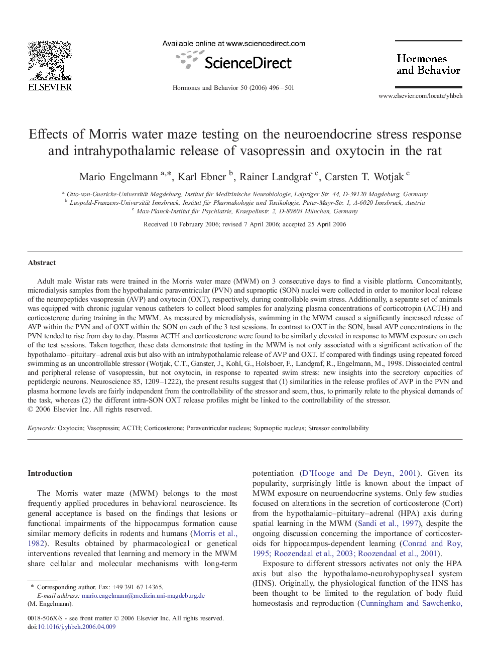 Effects of Morris water maze testing on the neuroendocrine stress response and intrahypothalamic release of vasopressin and oxytocin in the rat