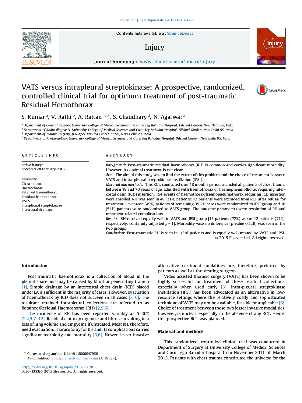 VATS versus intrapleural streptokinase: A prospective, randomized, controlled clinical trial for optimum treatment of post-traumatic Residual Hemothorax