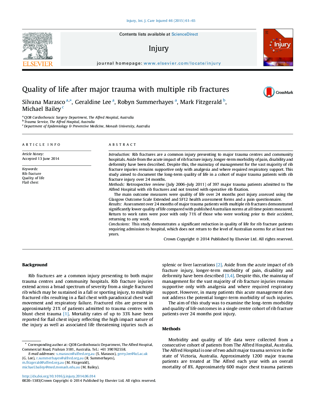 Quality of life after major trauma with multiple rib fractures