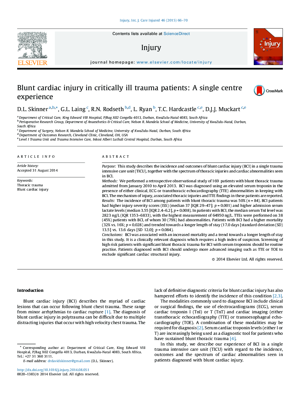 Blunt cardiac injury in critically ill trauma patients: A single centre experience