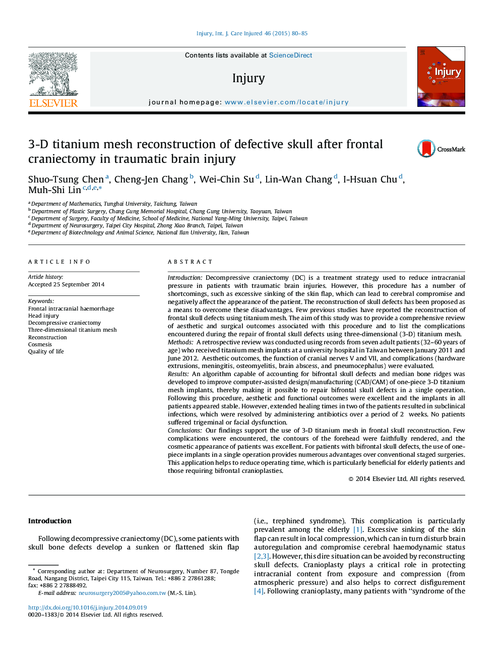 3-D titanium mesh reconstruction of defective skull after frontal craniectomy in traumatic brain injury