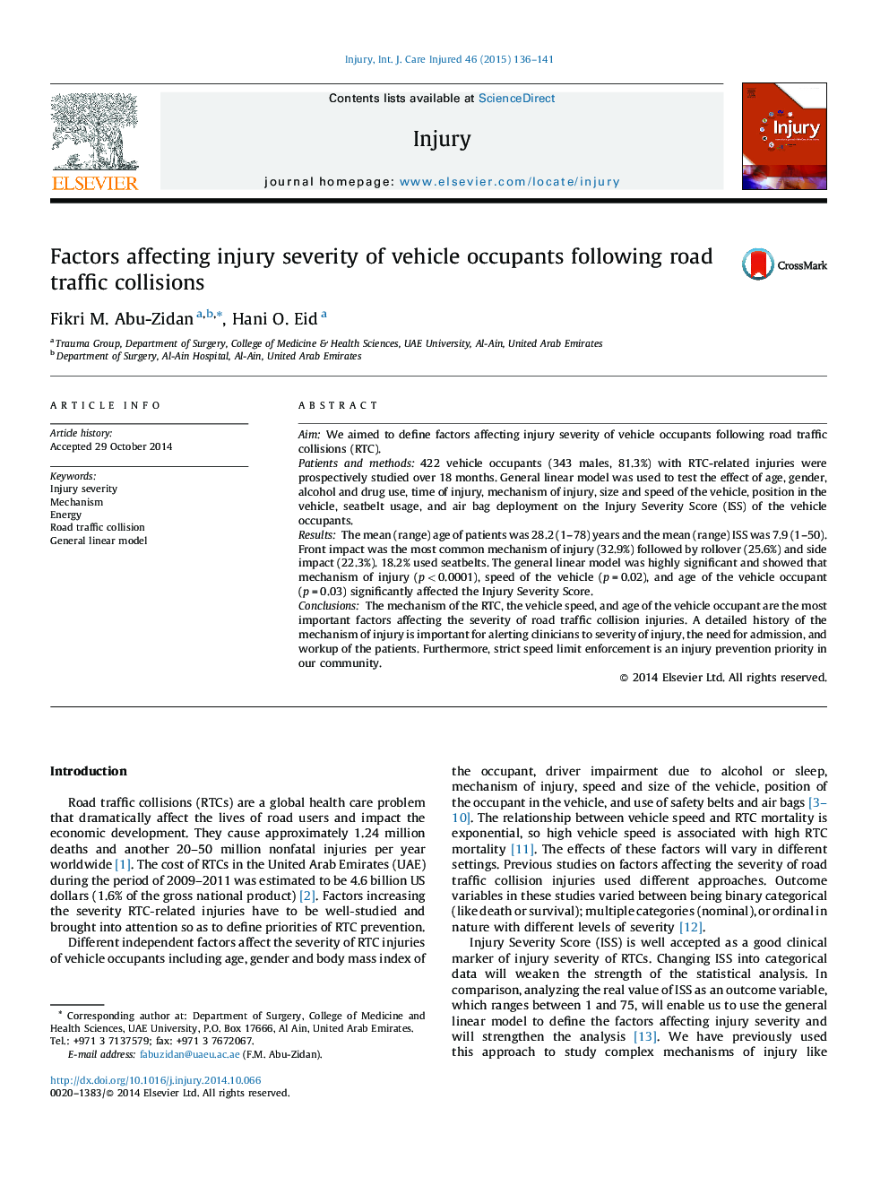 Factors affecting injury severity of vehicle occupants following road traffic collisions