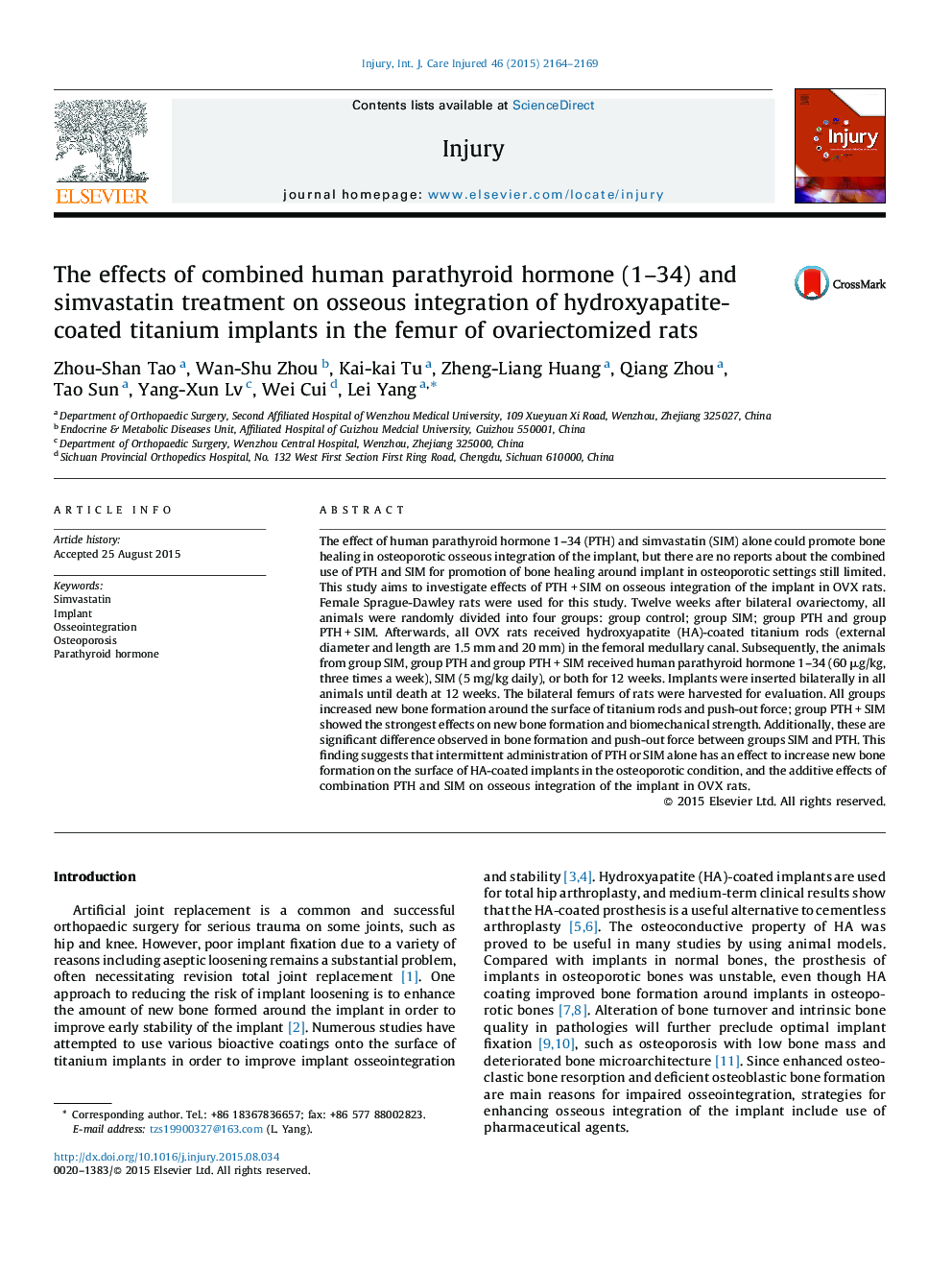 The effects of combined human parathyroid hormone (1–34) and simvastatin treatment on osseous integration of hydroxyapatite-coated titanium implants in the femur of ovariectomized rats