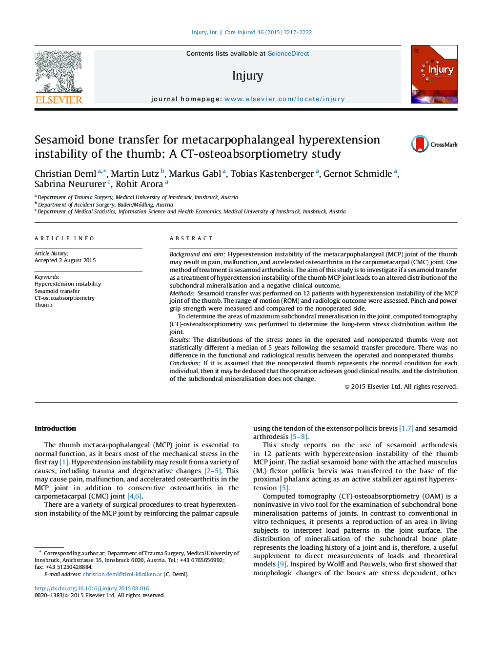 Sesamoid bone transfer for metacarpophalangeal hyperextension instability of the thumb: A CT-osteoabsorptiometry study