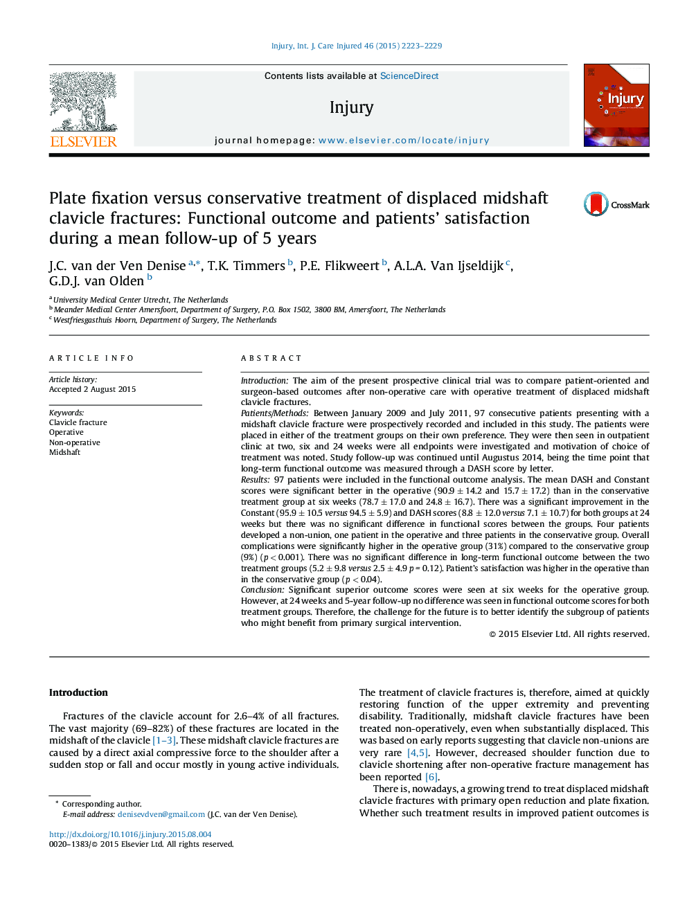 Plate fixation versus conservative treatment of displaced midshaft clavicle fractures: Functional outcome and patients’ satisfaction during a mean follow-up of 5 years