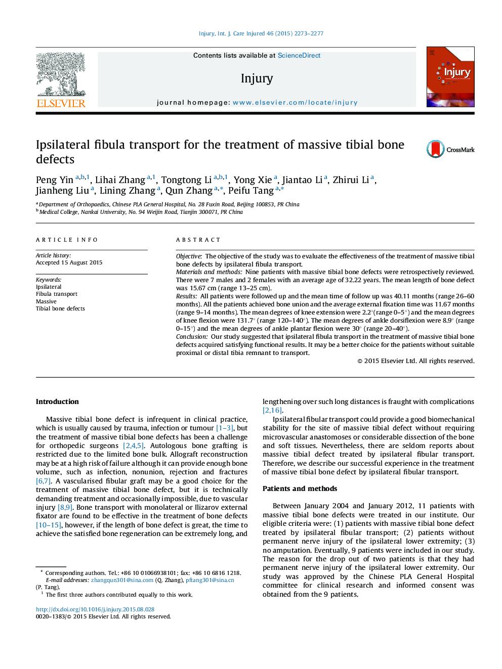 Ipsilateral fibula transport for the treatment of massive tibial bone defects