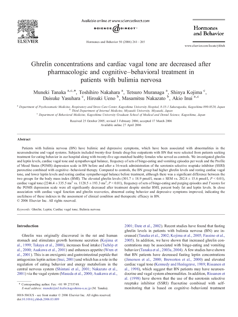 Ghrelin concentrations and cardiac vagal tone are decreased after pharmacologic and cognitive–behavioral treatment in patients with bulimia nervosa