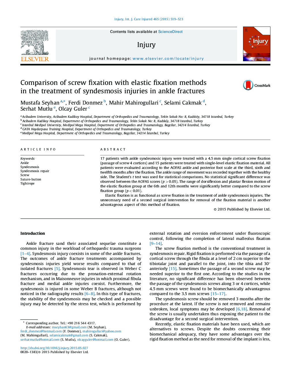 Comparison of screw fixation with elastic fixation methods in the treatment of syndesmosis injuries in ankle fractures