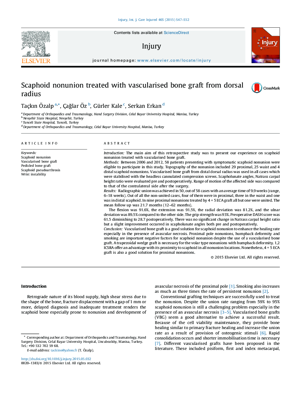 Scaphoid nonunion treated with vascularised bone graft from dorsal radius