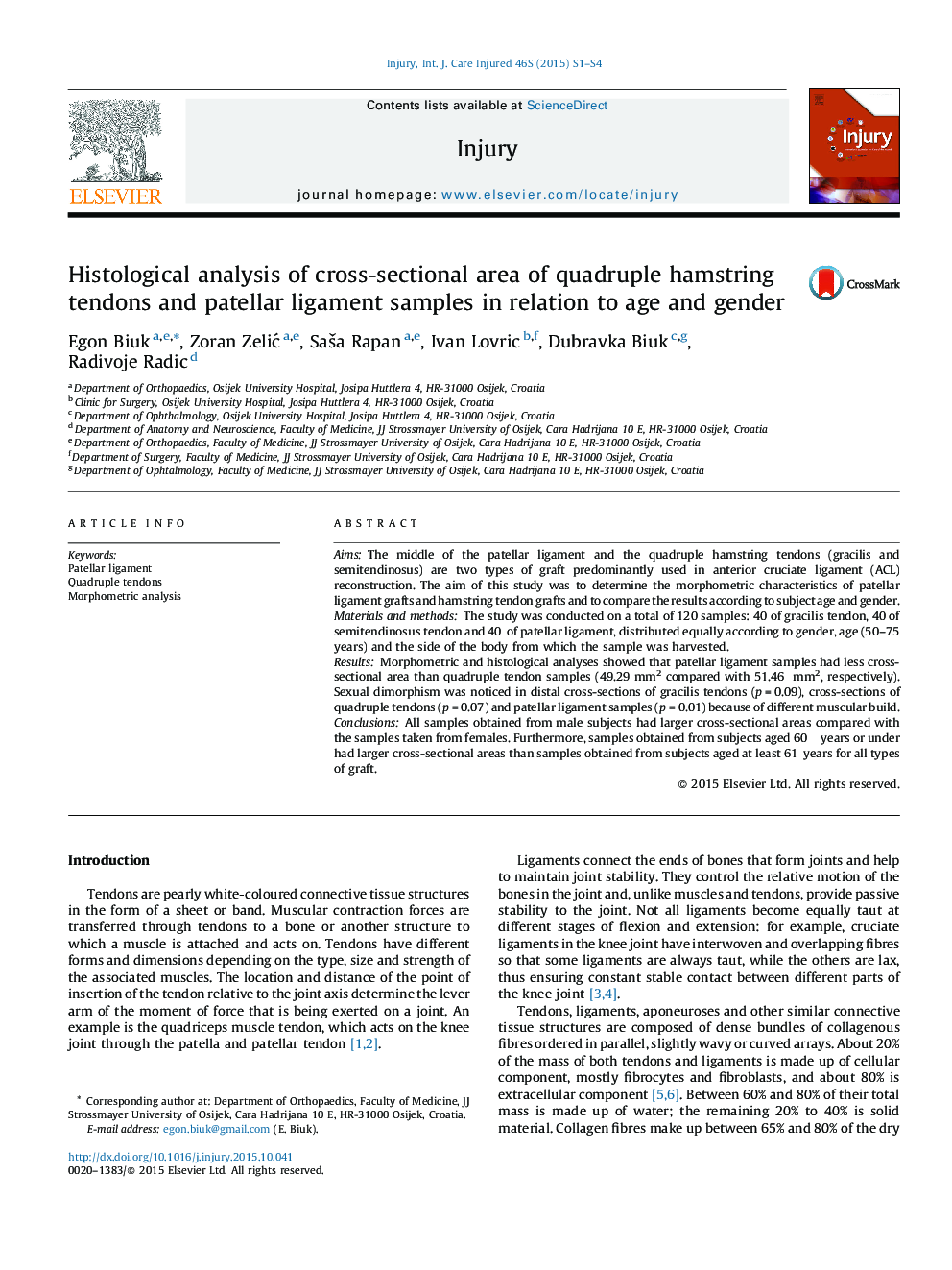 Histological analysis of cross-sectional area of quadruple hamstring tendons and patellar ligament samples in relation to age and gender