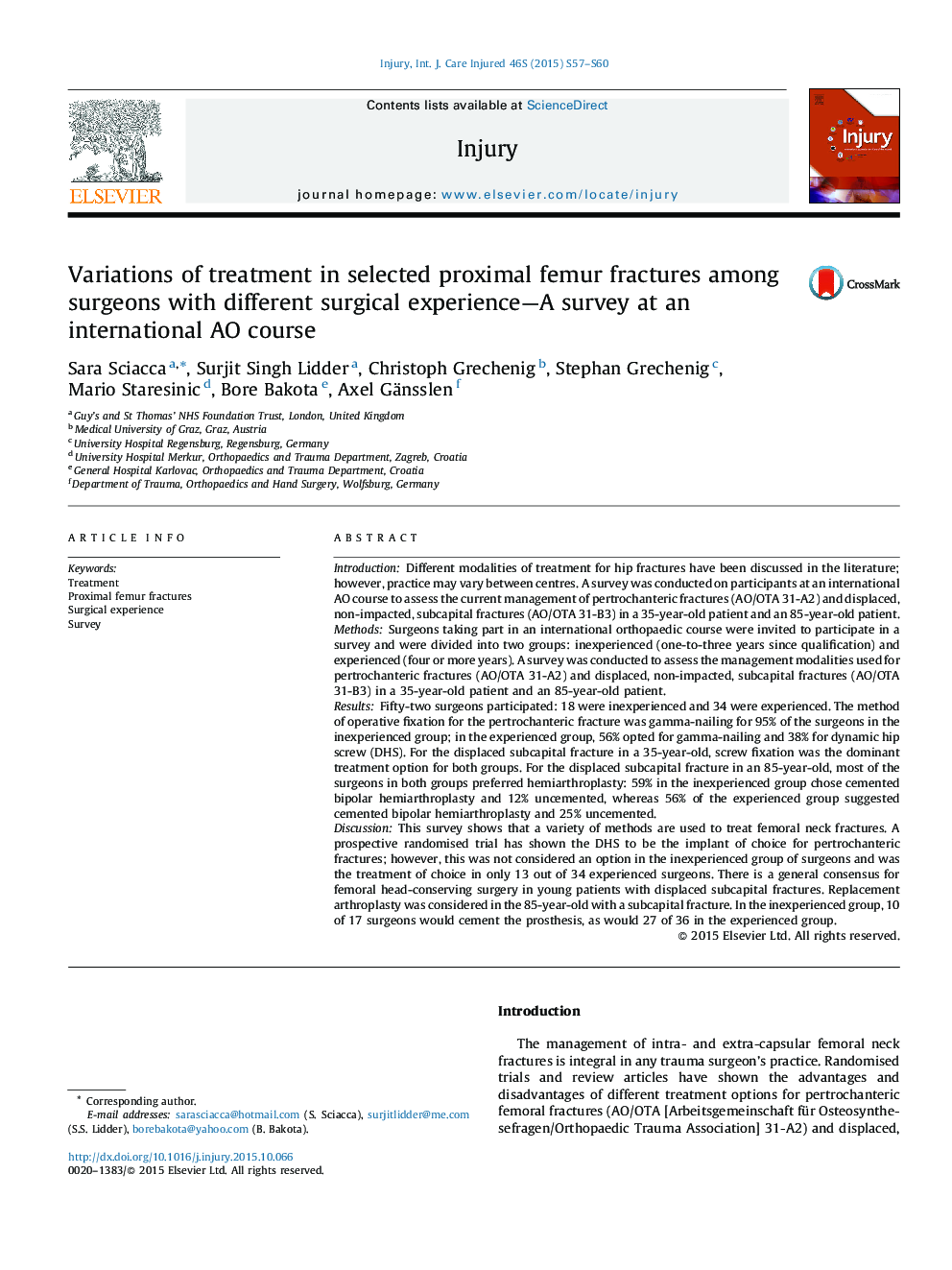 Variations of treatment in selected proximal femur fractures among surgeons with different surgical experience—A survey at an international AO course