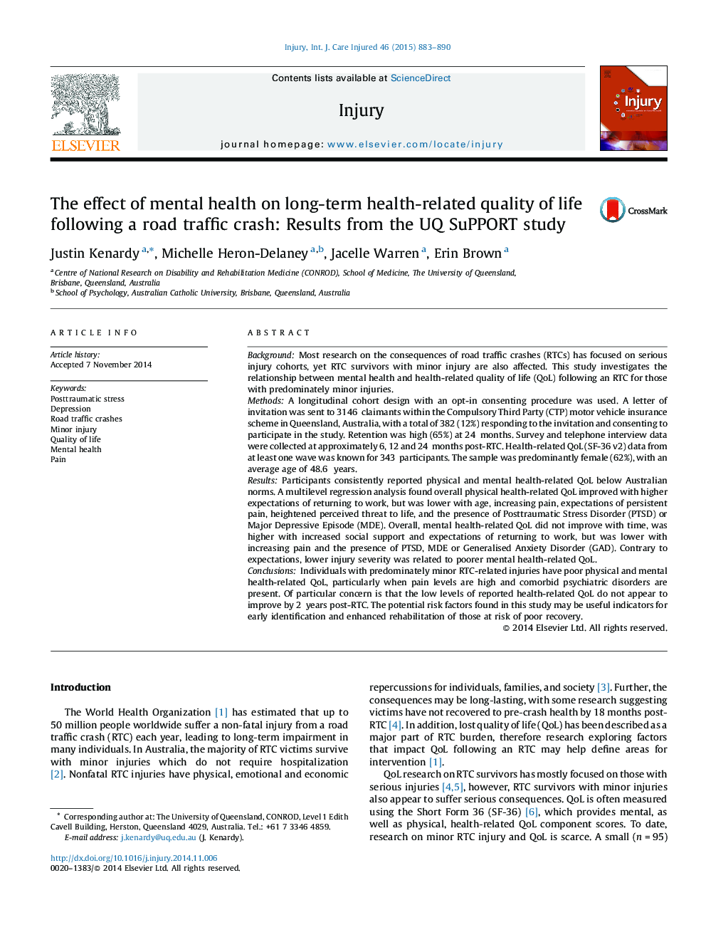 The effect of mental health on long-term health-related quality of life following a road traffic crash: Results from the UQ SuPPORT study