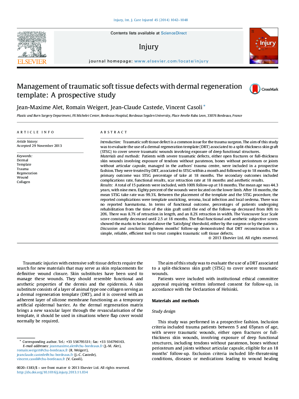 Management of traumatic soft tissue defects with dermal regeneration template: A prospective study