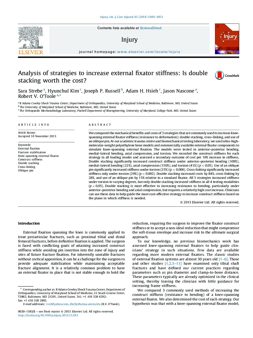 Analysis of strategies to increase external fixator stiffness: Is double stacking worth the cost?