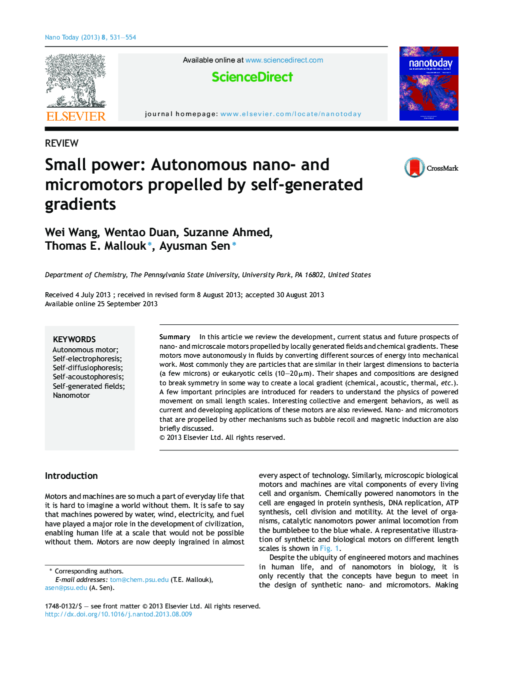 Small power: Autonomous nano- and micromotors propelled by self-generated gradients