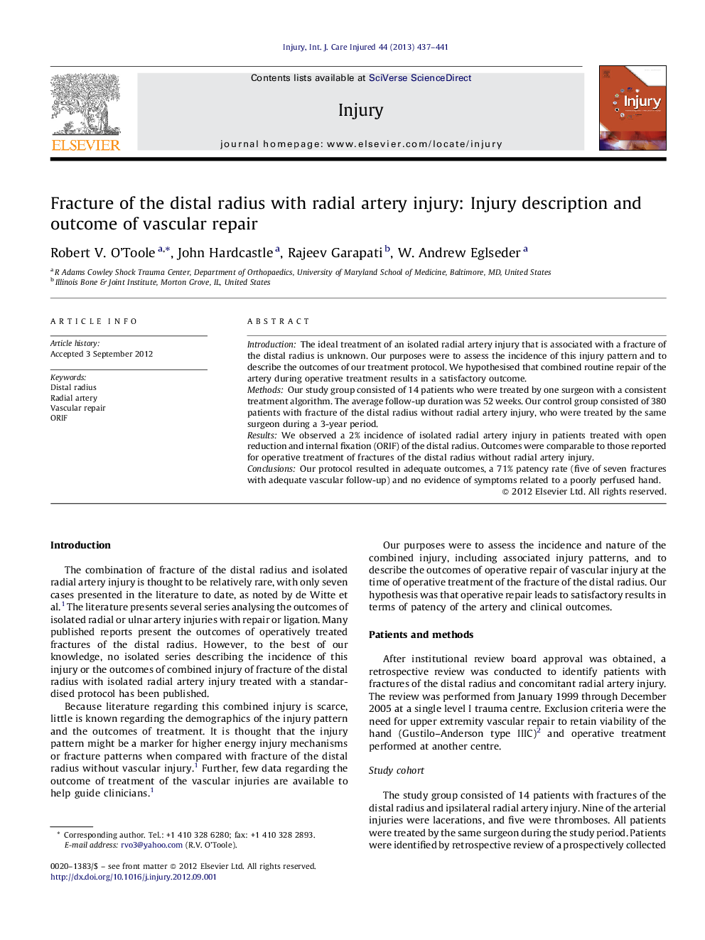 Fracture of the distal radius with radial artery injury: Injury description and outcome of vascular repair