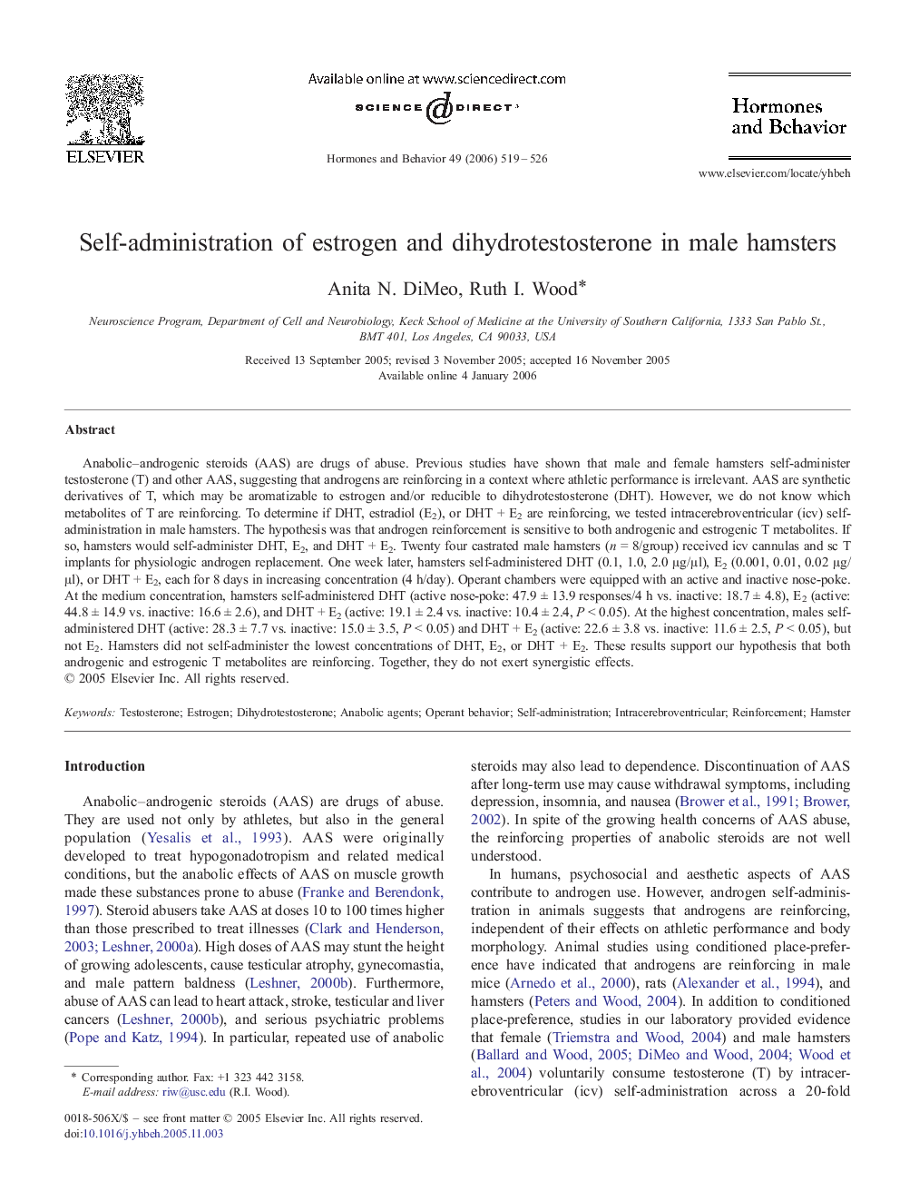 Self-administration of estrogen and dihydrotestosterone in male hamsters