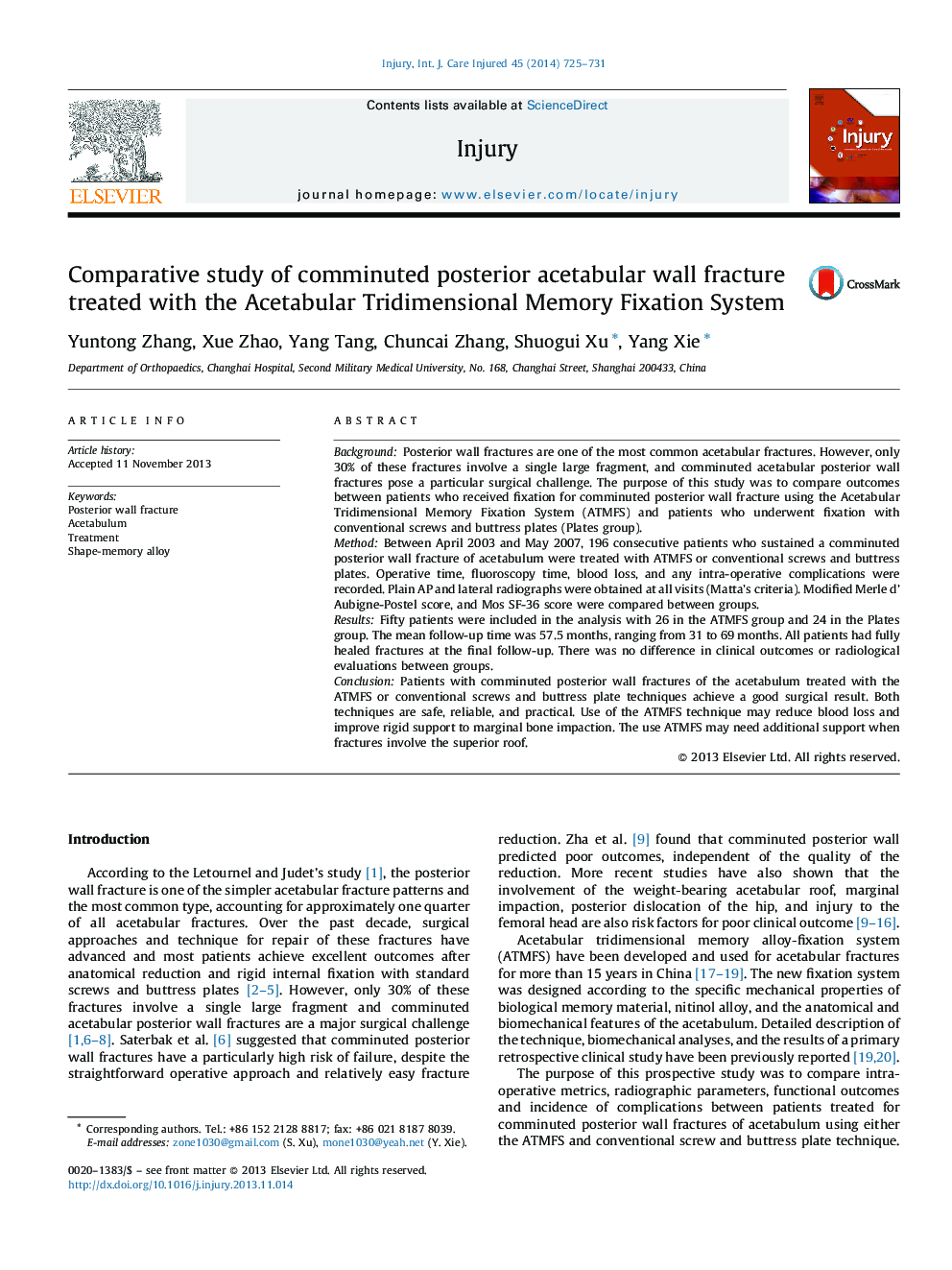 Comparative study of comminuted posterior acetabular wall fracture treated with the Acetabular Tridimensional Memory Fixation System