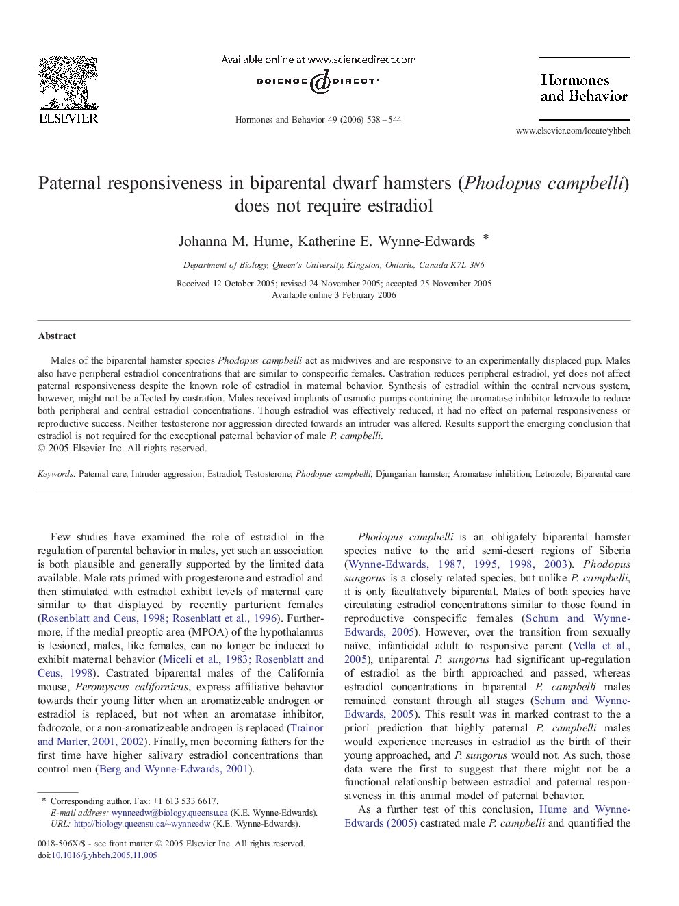 Paternal responsiveness in biparental dwarf hamsters (Phodopus campbelli) does not require estradiol