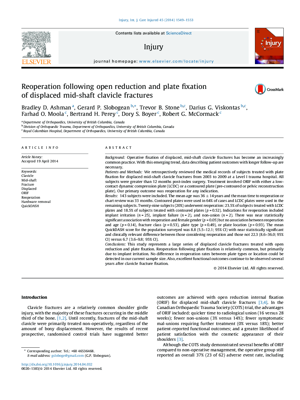 Reoperation following open reduction and plate fixation of displaced mid-shaft clavicle fractures