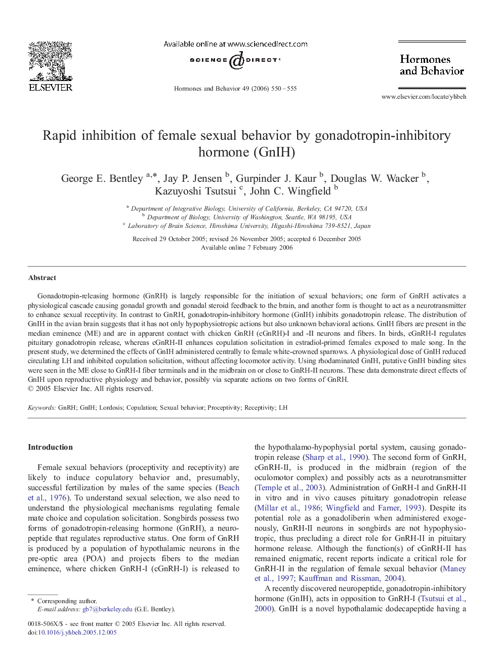 Rapid inhibition of female sexual behavior by gonadotropin-inhibitory hormone (GnIH)