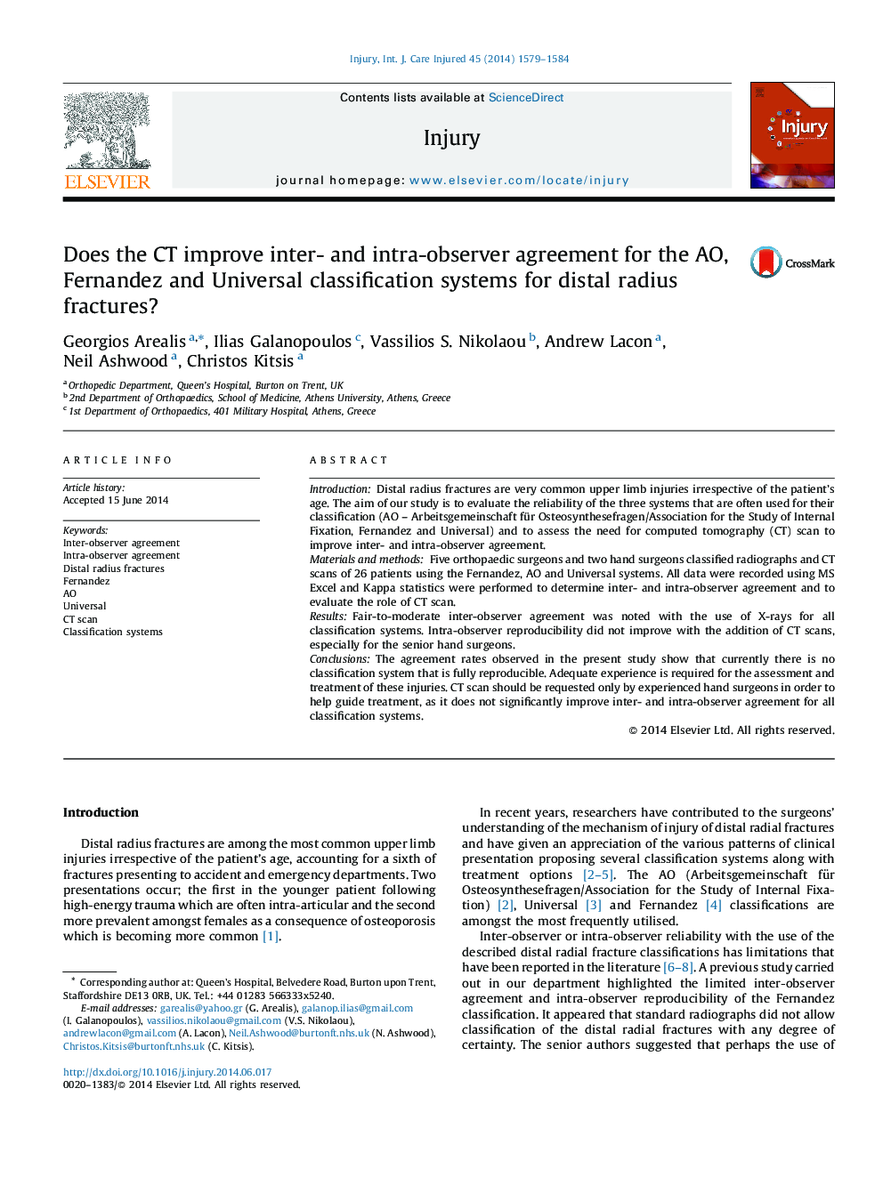 Does the CT improve inter- and intra-observer agreement for the AO, Fernandez and Universal classification systems for distal radius fractures?