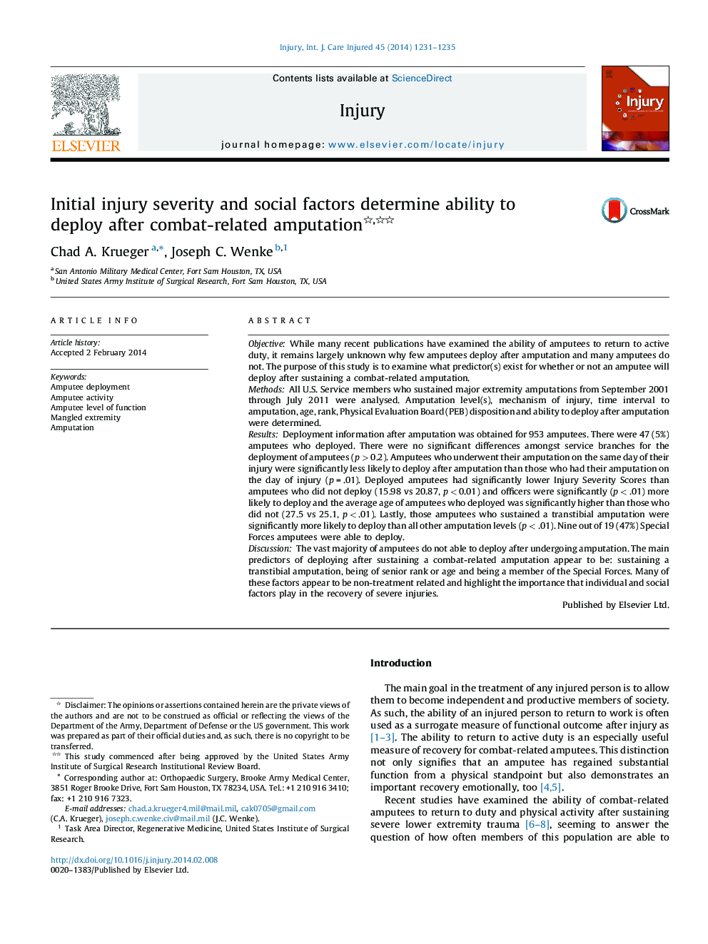 Initial injury severity and social factors determine ability to deploy after combat-related amputation 