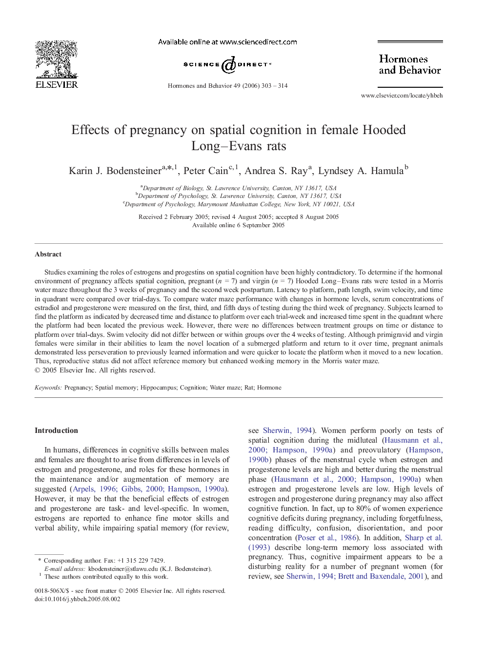 Effects of pregnancy on spatial cognition in female Hooded Long–Evans rats