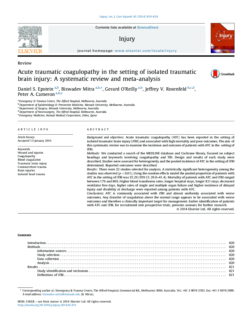 Acute traumatic coagulopathy in the setting of isolated traumatic brain injury: A systematic review and meta-analysis