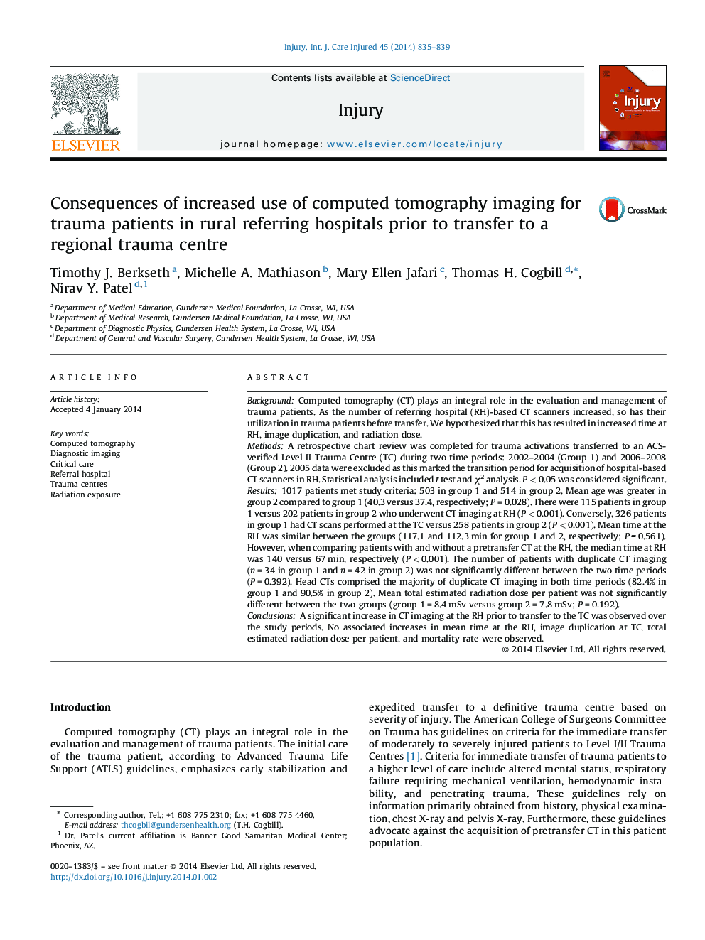 Consequences of increased use of computed tomography imaging for trauma patients in rural referring hospitals prior to transfer to a regional trauma centre