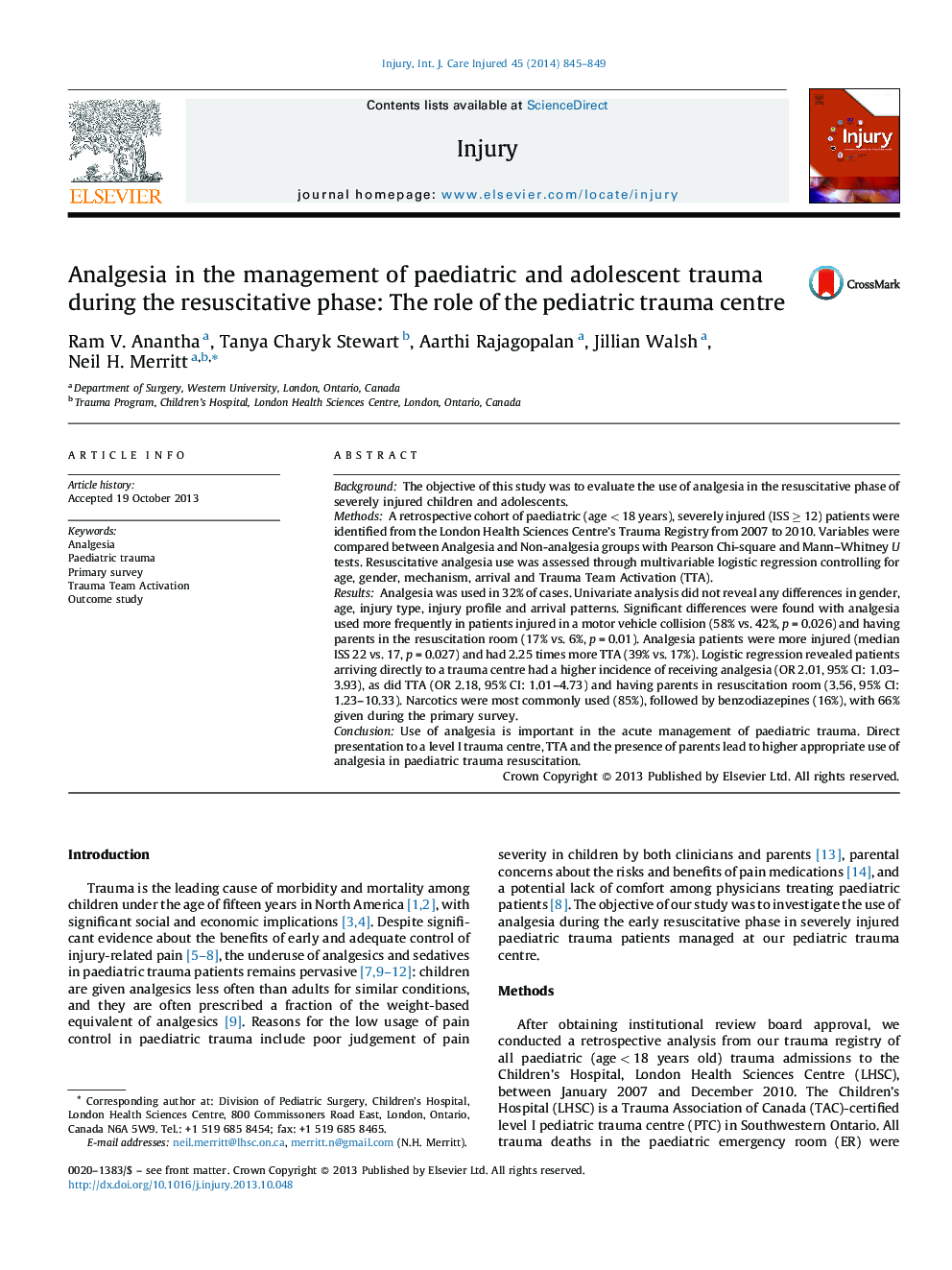 Analgesia in the management of paediatric and adolescent trauma during the resuscitative phase: The role of the pediatric trauma centre