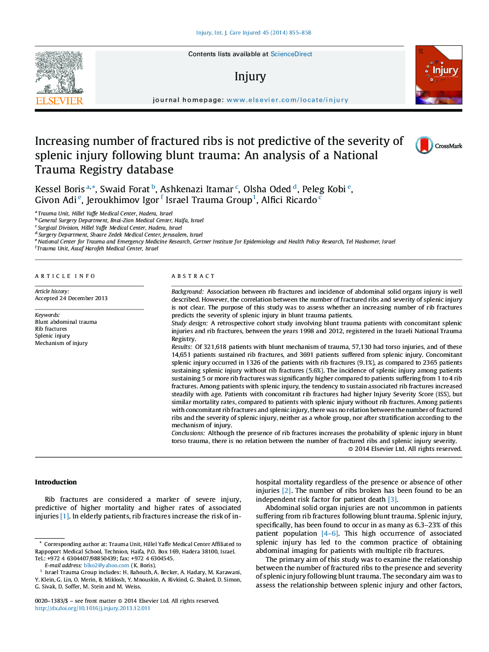 Increasing number of fractured ribs is not predictive of the severity of splenic injury following blunt trauma: An analysis of a National Trauma Registry database